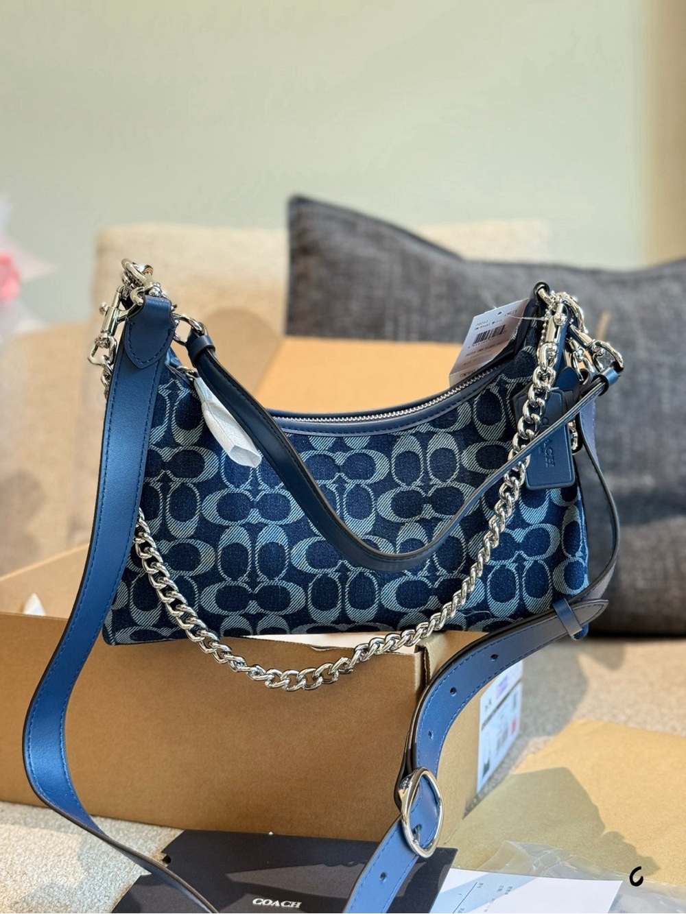 Coach Blue Signature Jacquard Chain Strap Crossbody Bag